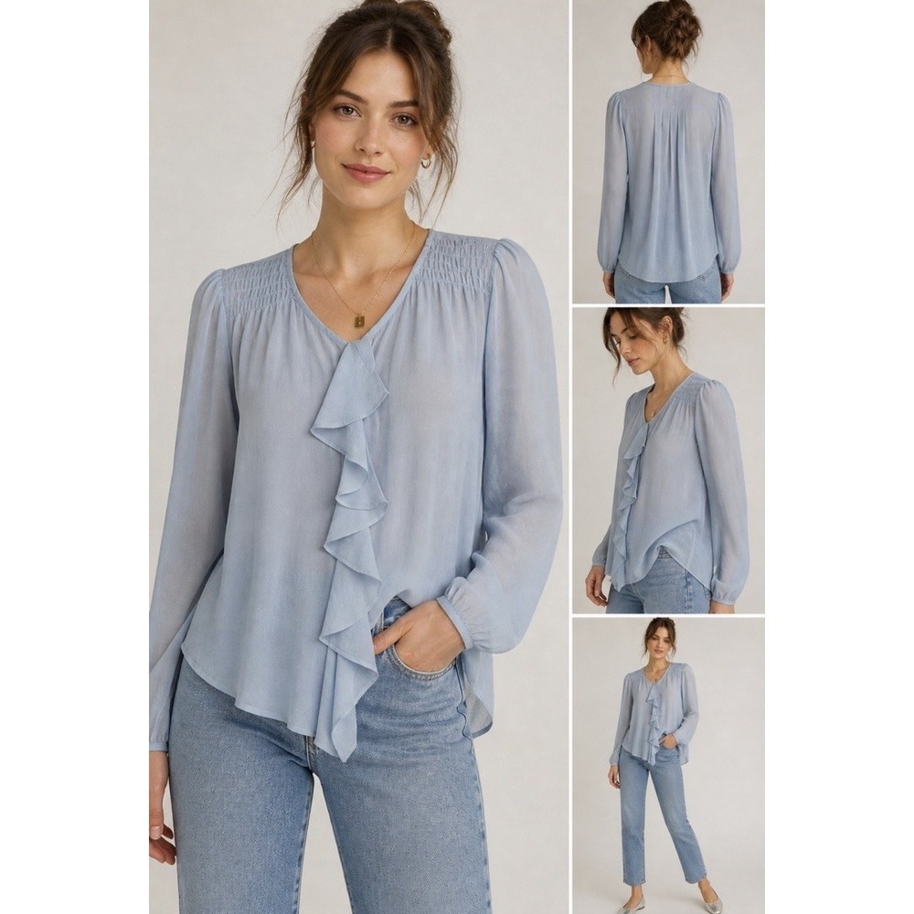 Moulinette‎ Soeurs 100% Silk Blouse Light Blue Ruffle Front Romantic Anthro Sz 0